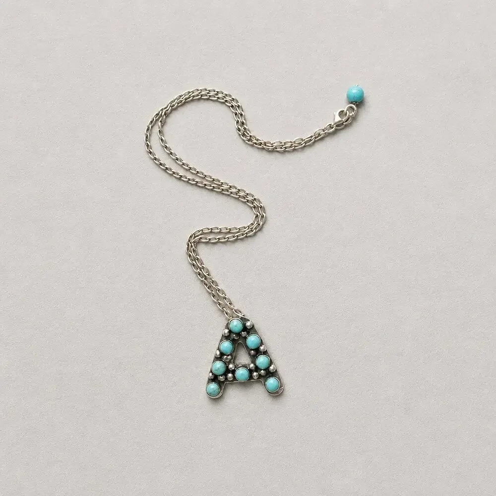 Kingman Turquoise Initial A Signed Mexico Sterling Silver Necklace 18” Adjust